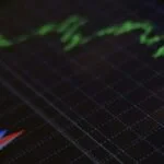 Tela de monitor mostrando gráfico de ações com linhas verdes e barras coloridas, representando análise de investimentos com inteligência artificial.