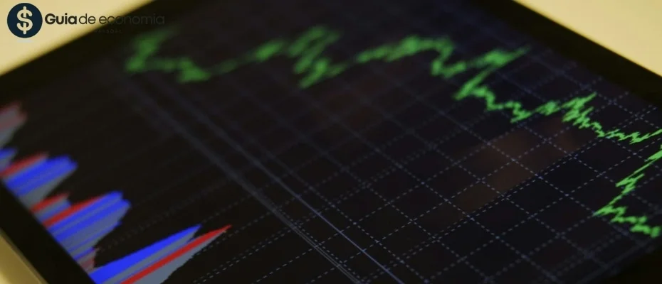 Tela de monitor mostrando gráfico de ações com linhas verdes e barras coloridas, representando análise de investimentos com inteligência artificial.