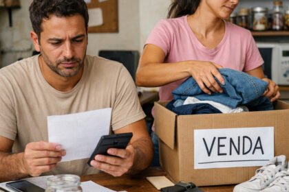 Homem e mulher organizando roupas e documentos em casa, com caixa de venda, dicas de economia doméstica para quem está desempregado.