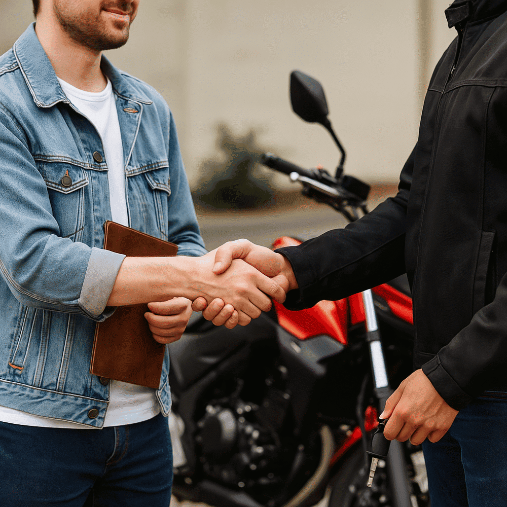 Aproximação de duas pessoas dando um aperto de mão, uma delas segurando as chaves de uma moto, simbolizando negociação, venda ou transferência de bens em economia pessoal.