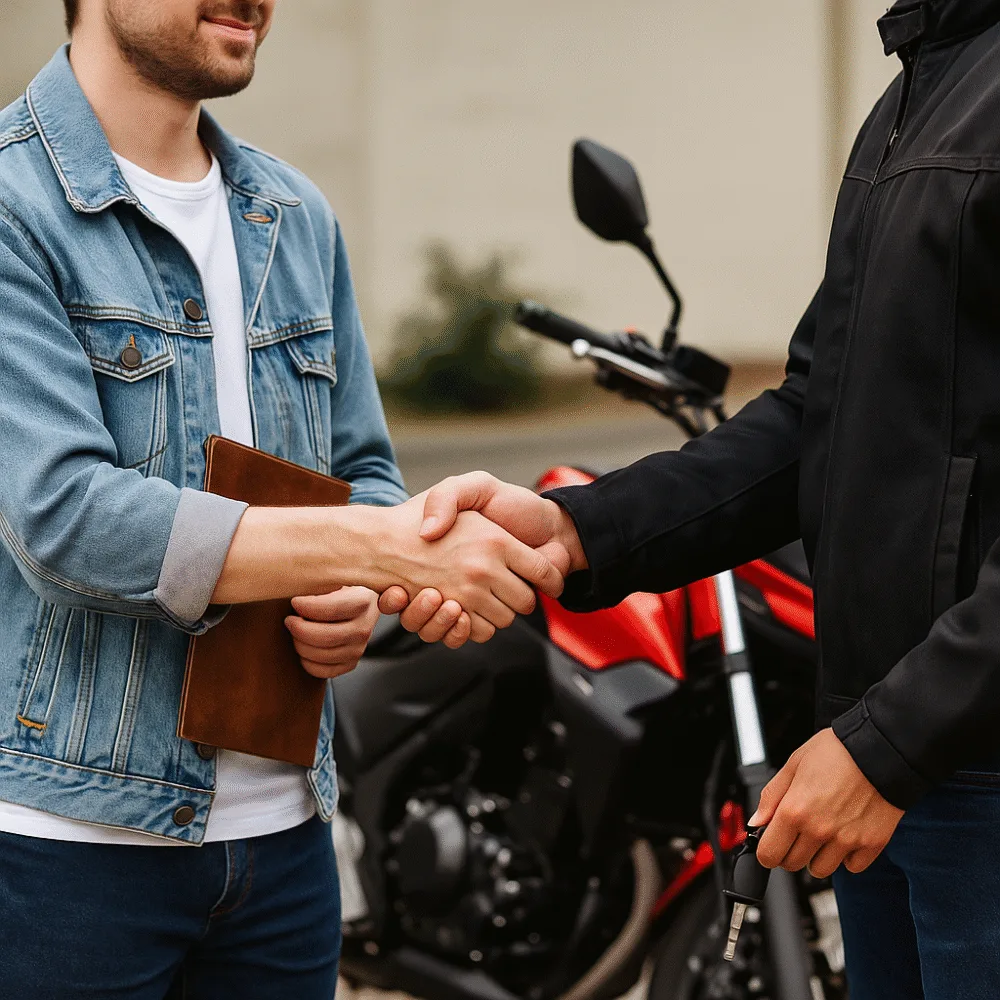 Aproximação de duas pessoas dando um aperto de mão, uma delas segurando as chaves de uma moto, simbolizando negociação, venda ou transferência de bens em economia pessoal.