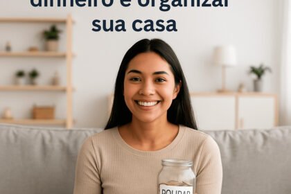 Mulher sorridente segurando um pote de moedas com a palavra SAVE, sentada em um sofá em ambiente limpo e organizado, representando economia doméstica e organização financeira