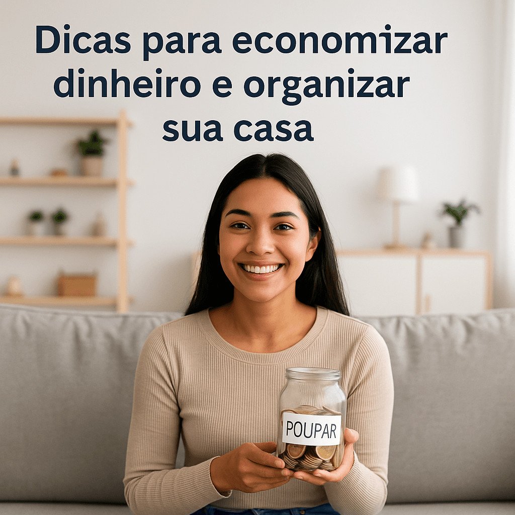 Mulher sorridente segurando um pote de moedas com a palavra SAVE, sentada em um sofá em ambiente limpo e organizado, representando economia doméstica e organização financeira
