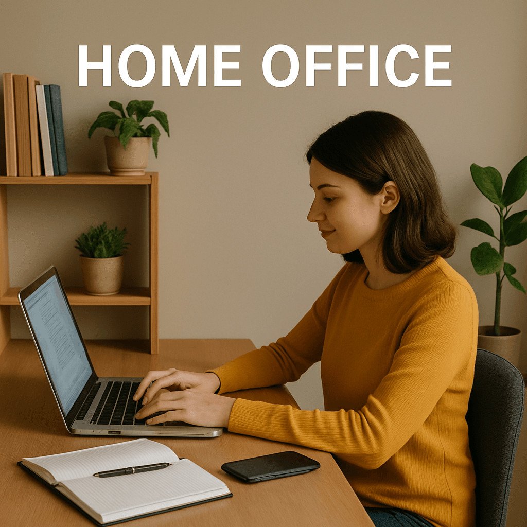Mulher trabalhando em home office com notebook em ambiente organizado.