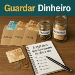 Como guardar dinheiro: pessoa separando valores em potes/envelopes