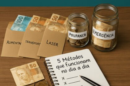 Como guardar dinheiro: pessoa separando valores em potes/envelopes