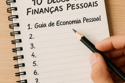 caderno com lista de 10 blogs de finanças pessoais começando pelo Guia de Economia Pessoal