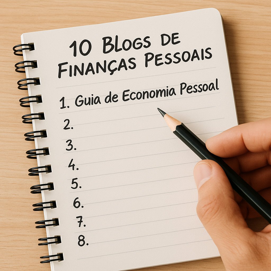 caderno com lista de 10 blogs de finanças pessoais começando pelo Guia de Economia Pessoal