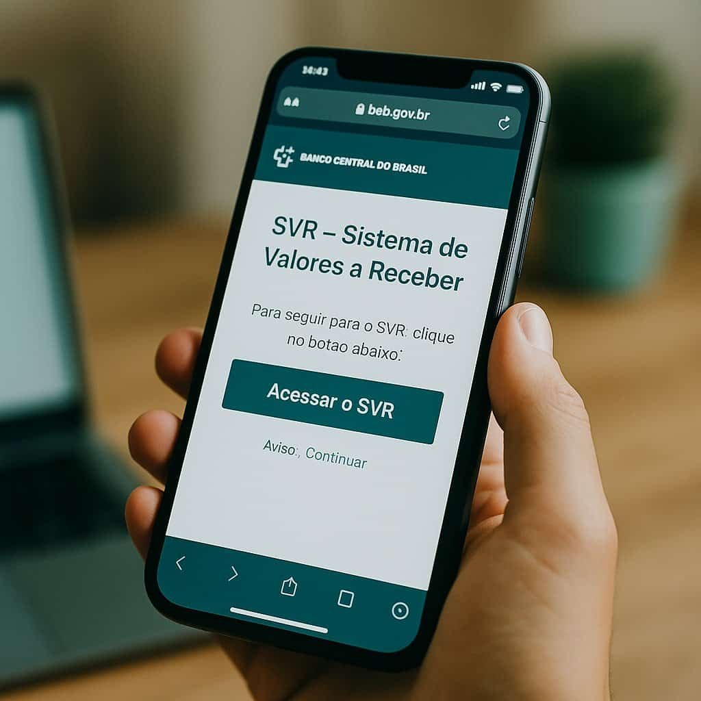 Pessoa acessando o Sistema Valores a Receber (SVR) do Banco Central no celular