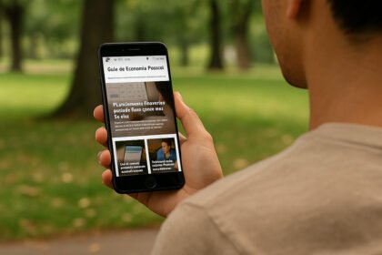 Pessoa usando celular com o site Guia de Economia Pessoal aberto, representando a importância do blog de educação financeira