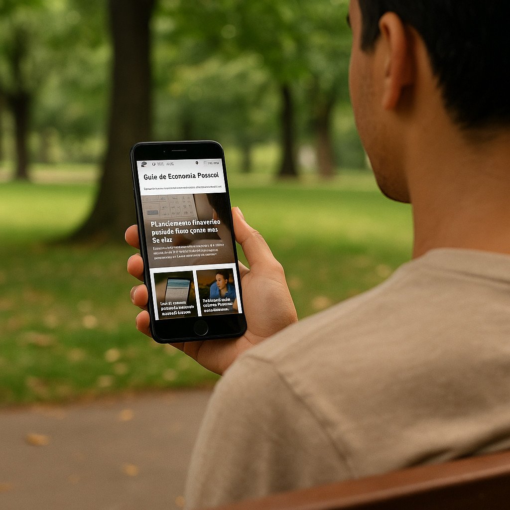 Pessoa usando celular com o site Guia de Economia Pessoal aberto, representando a importância do blog de educação financeira