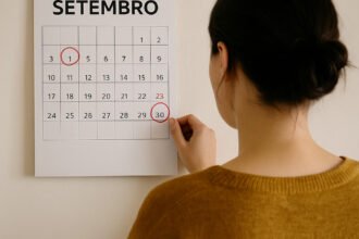 Mulher observando calendário de setembro com marcações nos dias 1 e 30, simbolizando planejamento financeiro pessoal em 30 dias.