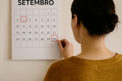 Mulher observando calendário de setembro com marcações nos dias 1 e 30, simbolizando planejamento financeiro pessoal em 30 dias.