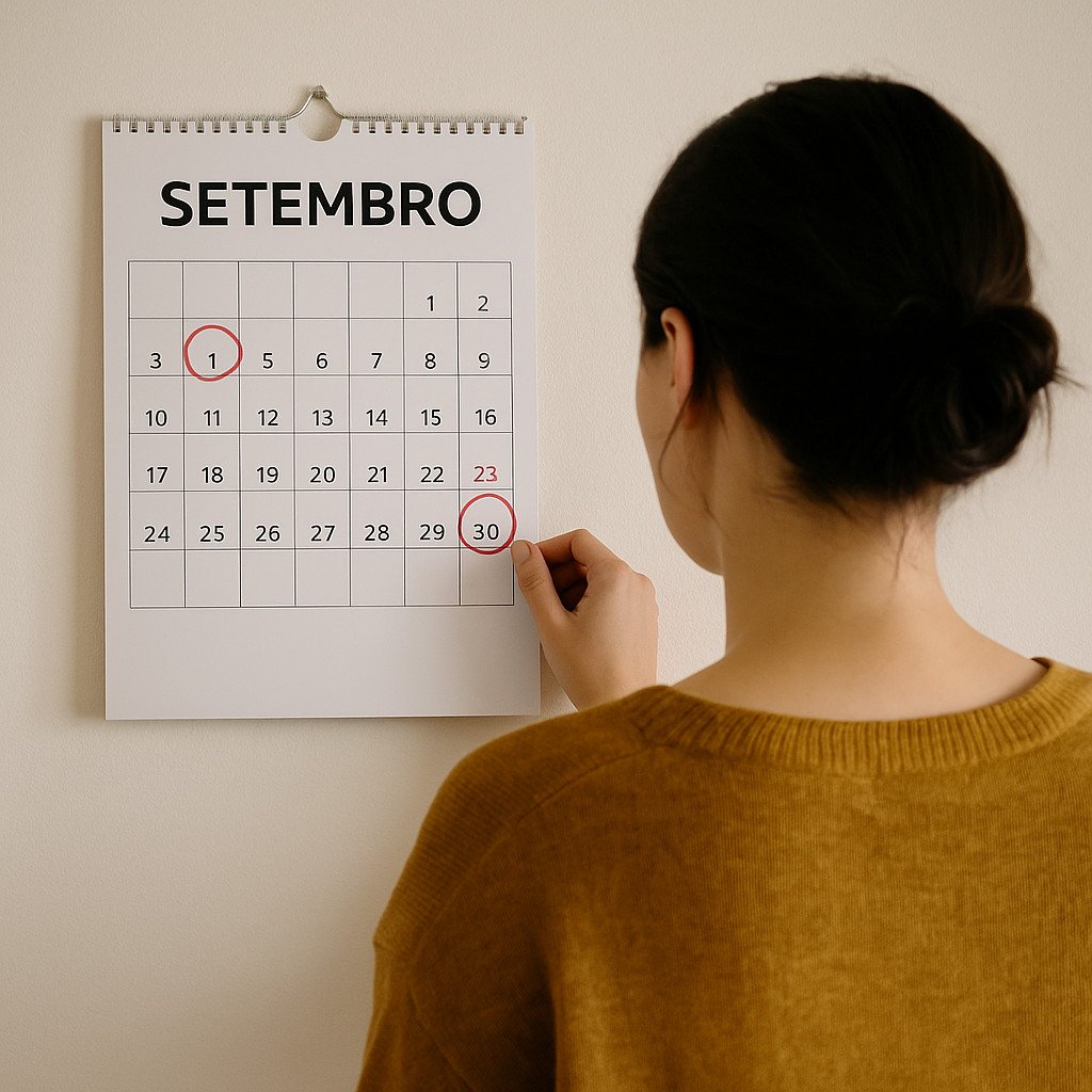 Mulher observando calendário de setembro com marcações nos dias 1 e 30, simbolizando planejamento financeiro pessoal em 30 dias.