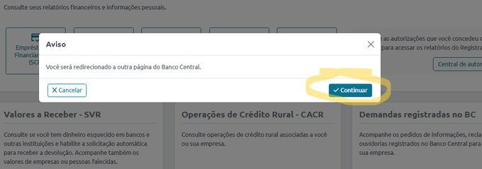 Aviso de redirecionamento para o sistema valores a receber do Banco Central