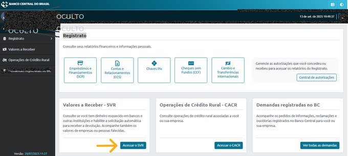 Meu BC (Registrato) com botão “Acessar o SVR” do Banco Central