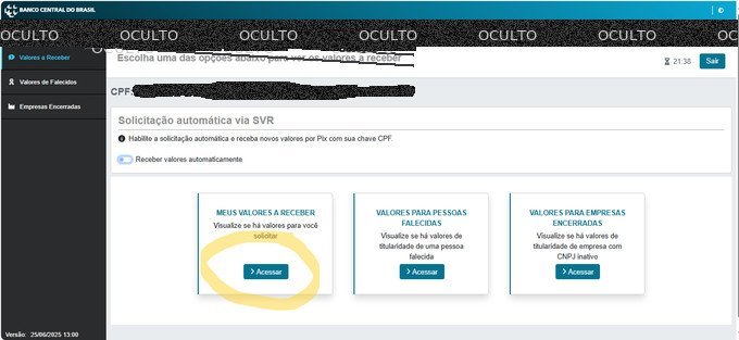 Página inicial do SVR banco central com a opção “Receber valores automaticamente”