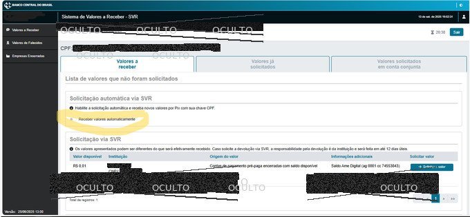 Lista de valores para solicitar manualmente no SVR banco central