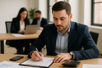 Homem planejando finanças pessoais com calculadora e caderno em escritório profissional.