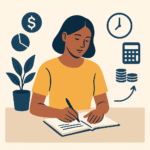 Pessoa adulta revisando finanças pessoais em casa, usando notebook com expressão tranquila, representando autonomia financeira e equilíbrio no dia a dia.