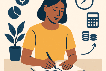 Pessoa adulta revisando finanças pessoais em casa, usando notebook com expressão tranquila, representando autonomia financeira e equilíbrio no dia a dia.