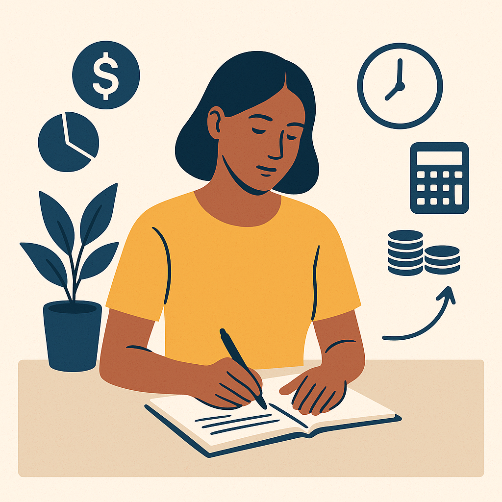 Pessoa adulta revisando finanças pessoais em casa, usando notebook com expressão tranquila, representando autonomia financeira e equilíbrio no dia a dia.