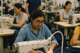 Costureira operando máquina de costura em ambiente industrial de confecção de roupas.