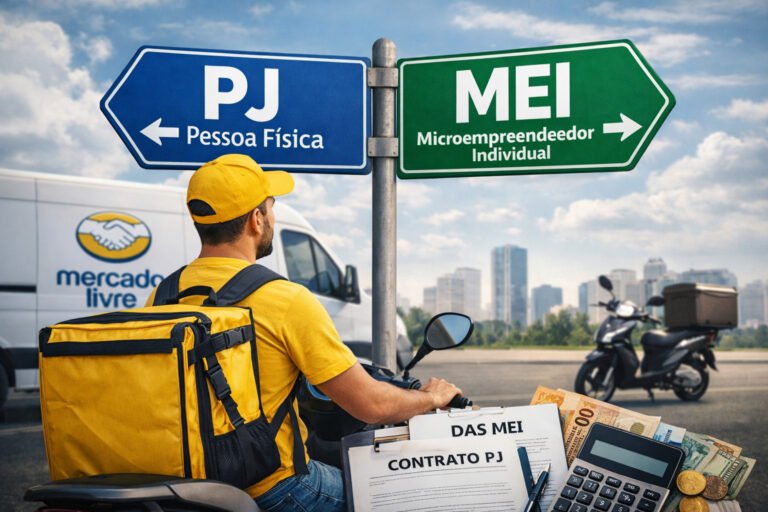 Entregador do Mercado Livre considerando abrir MEI em 2026, com placas de orienta&ccedil;&atilde;o para PJ e MEI, ao lado de motocicleta e documentos financeiros.