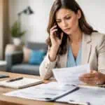 Mulher preocupada ao telefone, analisando documentos de negociação de dívida com empresa de cobrança.