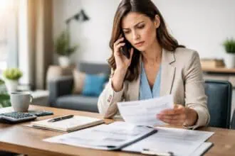 Mulher preocupada ao telefone, analisando documentos de negociação de dívida com empresa de cobrança.
