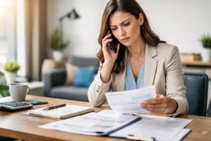 Mulher preocupada ao telefone, analisando documentos de negociação de dívida com empresa de cobrança.