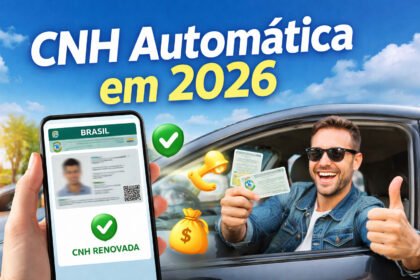 Homem sorridente segurando CNH digital renovada, com destaque para o carro ao fundo, informando sobre regras e prazos para CNH automática em 2026.