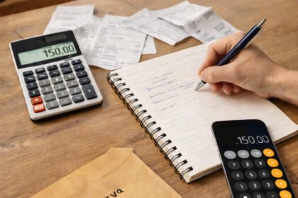 Planejamento financeiro com calculadora, recibos e anotações para economizar dinheiro em 2026.
