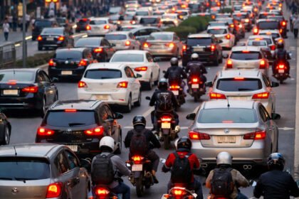 Imagem de trânsito congestionado com carros e motos em uma rua urbana, com luzes de semáforo e prédios ao fundo, ilustrando o fluxo de veículos na cidade.