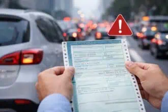 Pessoa segurando documento de IPVA atrasado com aviso de atenção, trânsito ao fundo, ilustrando a regularização de débitos de IPVA 2026.