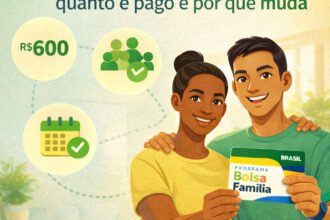 Ilustração de um casal feliz segurando um cartão do programa Bolsa Família, destacando o valor de R$600 e a importância do benefício para a economia familiar em 2026.