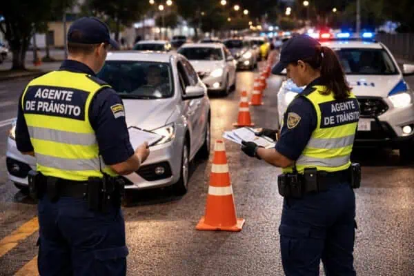 Agentes de tr&acirc;nsito verificando documentos de motoristas durante opera&ccedil;&atilde;o de fiscaliza&ccedil;&atilde;o noturna.