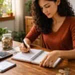 Jovem mulher planejando finanças pessoais, anotando metas de economia em um caderno, com moedas e calculadora na mesa, promovendo dicas de economia mesmo com renda baixa.