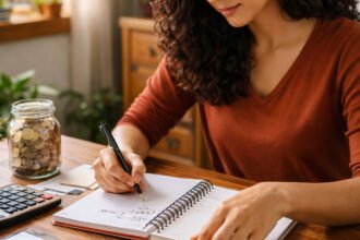 Jovem mulher planejando finanças pessoais, anotando metas de economia em um caderno, com moedas e calculadora na mesa, promovendo dicas de economia mesmo com renda baixa.