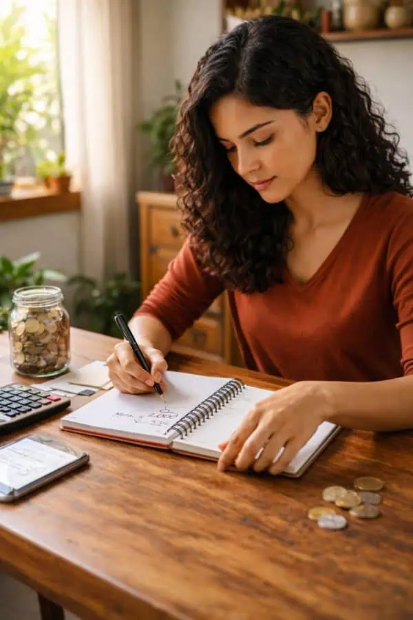 Jovem mulher planejando finanças pessoais, anotando metas de economia em um caderno, com moedas e calculadora na mesa, promovendo dicas de economia mesmo com renda baixa.