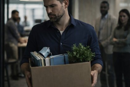 Homem com expressão preocupada segurando caixa com objetos pessoais, simbolizando perda de emprego e necessidade de reorganizar finanças após demissão.