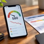 Smartphone exibindo score de crédito de 580 com tendência de queda, ao lado de documentos financeiros e laptop em mesa de escritório.