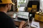 Entregador usando planilha de custo por km em laptop, com entregas e pacote no fundo, otimizado para SEO de economia pessoal.