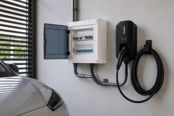 Quadro de proteção e wallbox para recarga de carro elétrico em garagem residencial