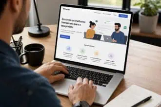 Pessoa usando laptop para contratar freelancers no 99Freelas, site de economia pessoal e trabalho freelance.