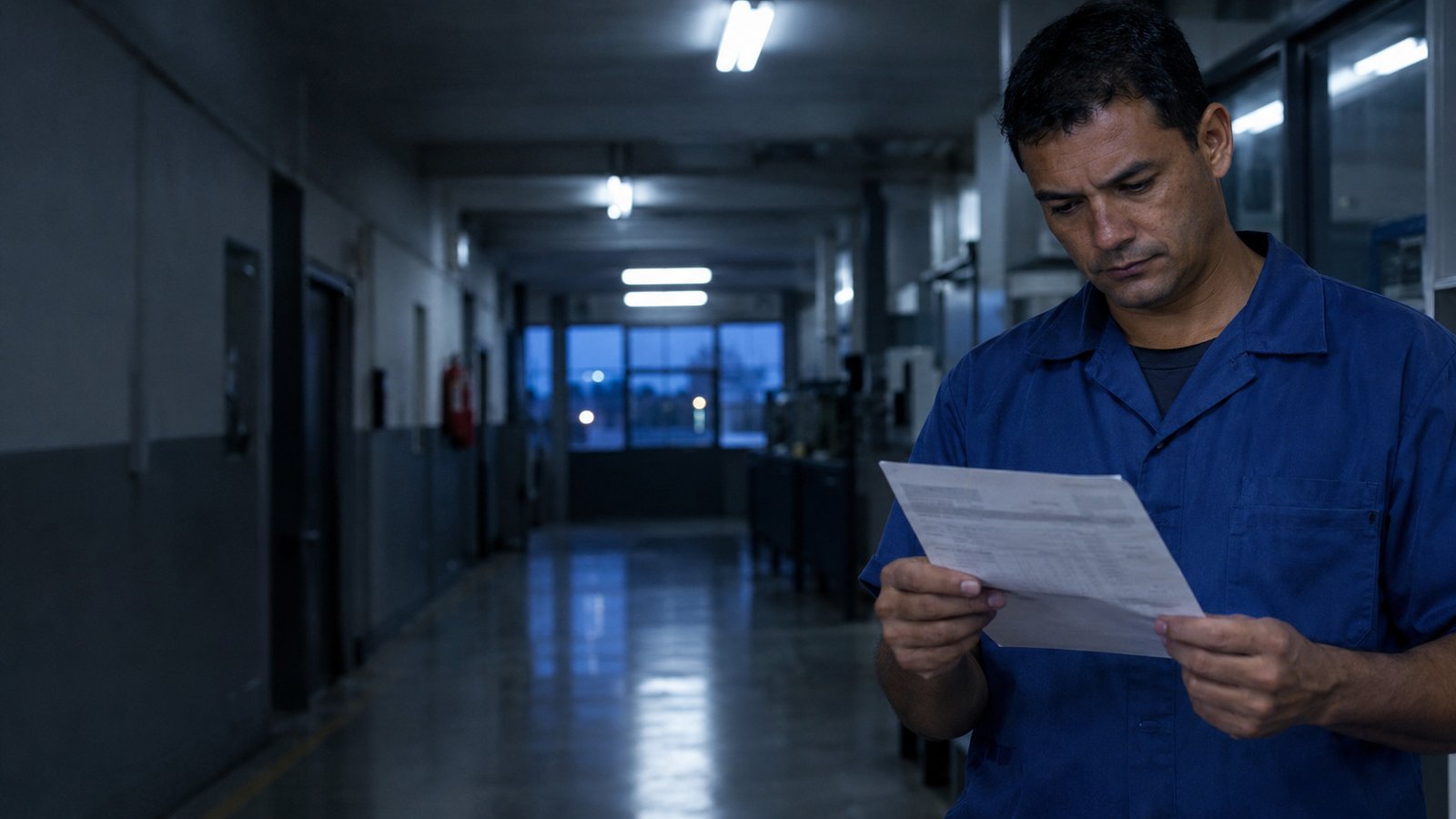 Trabalhador de uniforme conferindo o contracheque de madrugada sob a luz fria do corredor da empresa