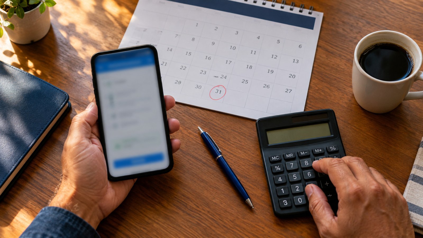 Mãos sobre a mesa da cozinha com celular, calculadora e calendário com o dia 31 marcado, na hora de decidir sobre a antecipação do FGTS