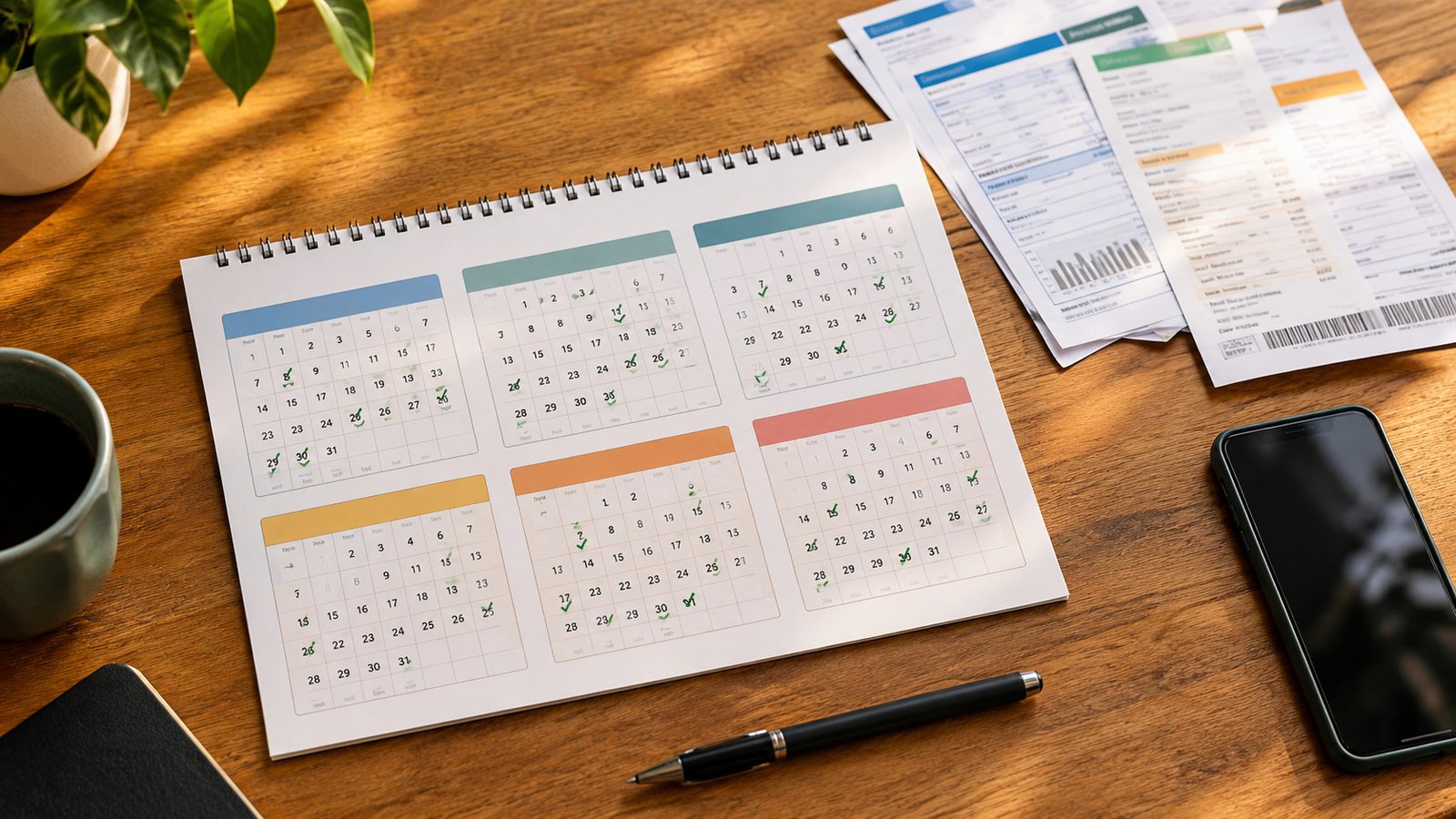 Calendário de papel com seis meses marcados e contas pagas, representando o plano para aumentar o score de 300 para 700