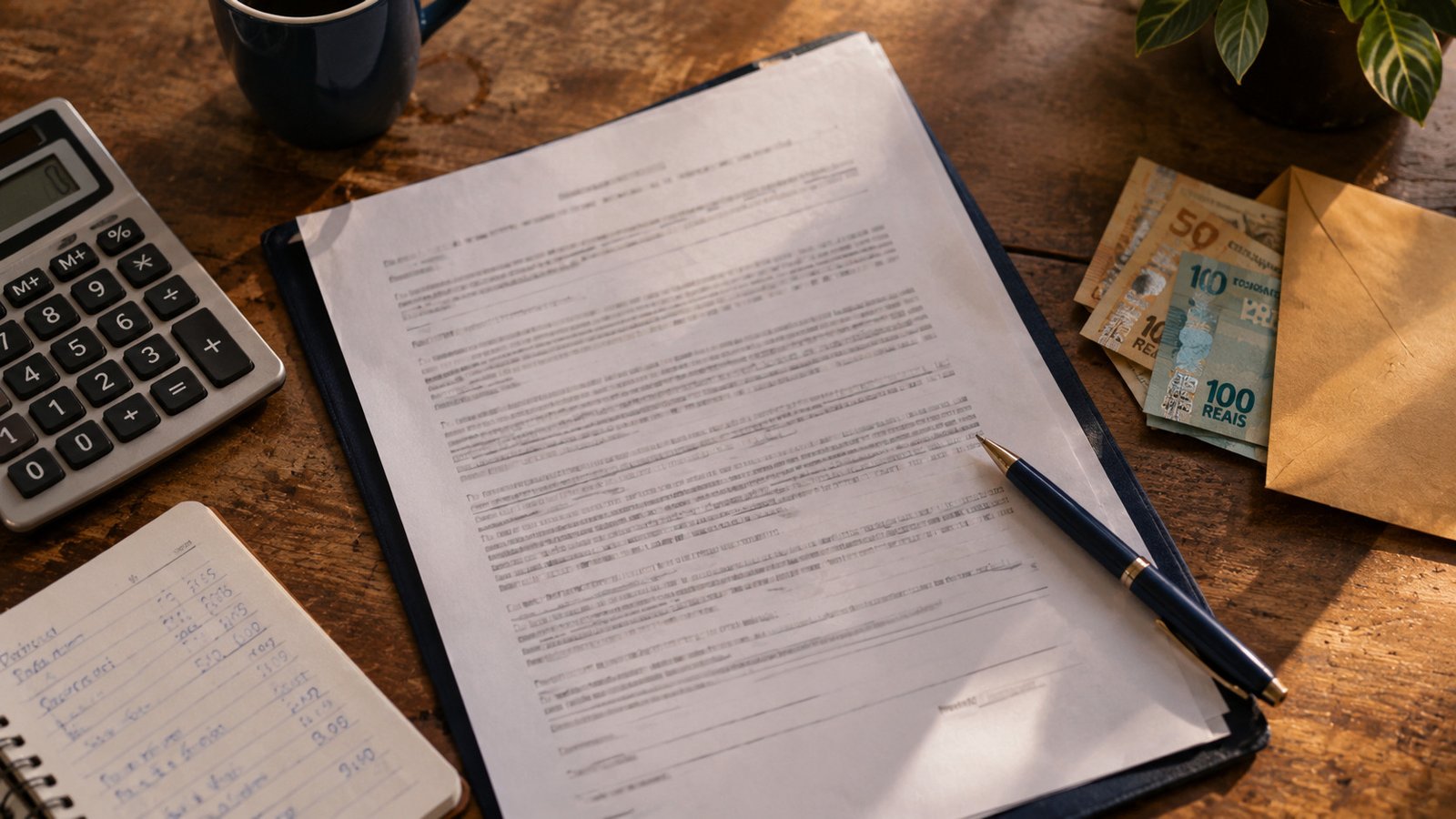Mesa com contrato de empréstimo, calculadora e caderno de contas para decidir entre quitar e manter reserva