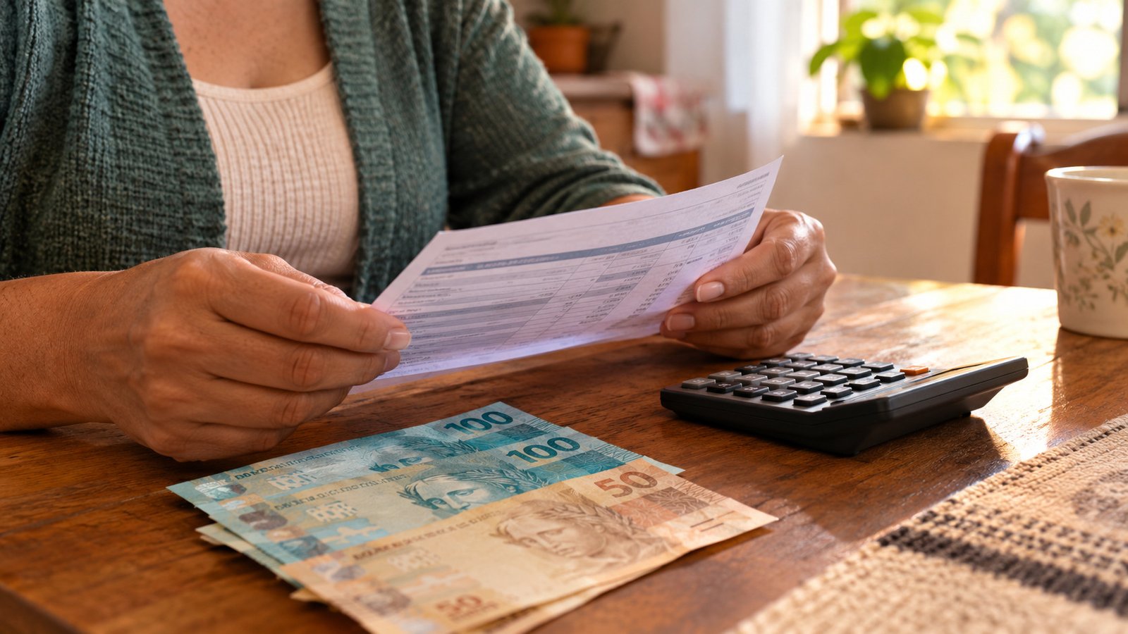 Mãe aposentada e filha conferindo contas do mês na mesa da cozinha, com o reajuste do salário mínimo de 2026